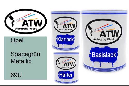 Opel, Spacegrün Metallic, 69U: 1L Lackdose + 1L Klarlack + 500ml Härter - Set, von ATW Autoteile West.